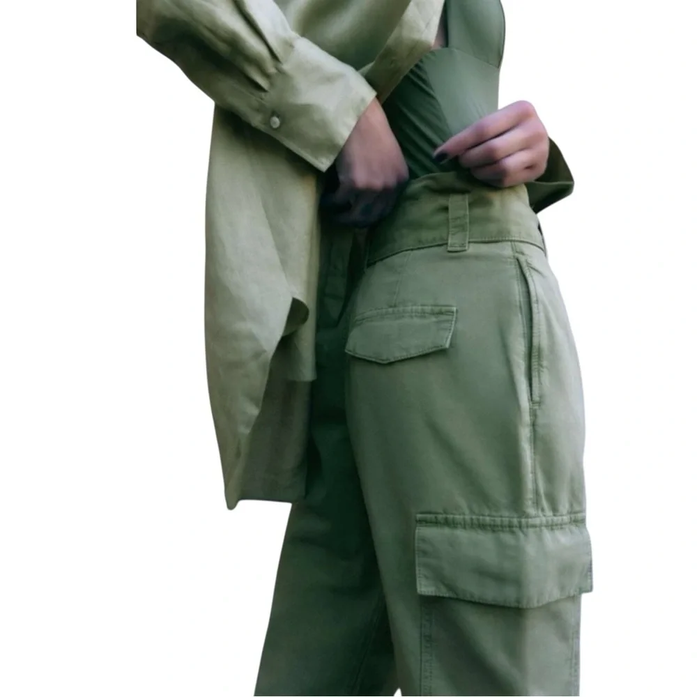 ZARA Paperbag High Waist Belted Cargo Pants in Army Green Size Large — WOW!!!